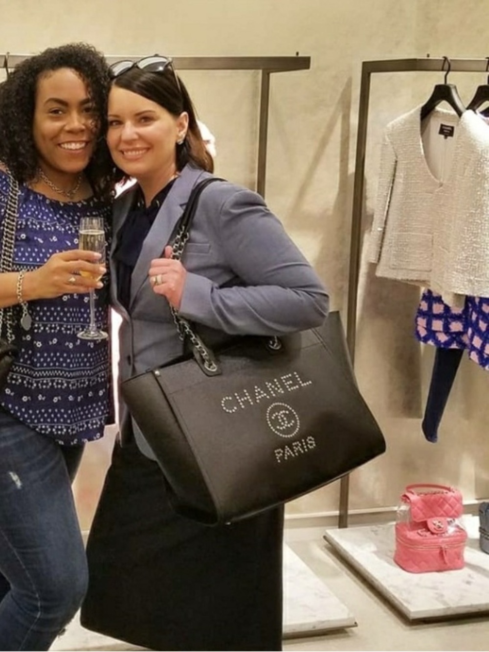 CHANEL Black Studded Logo Tote with Chain-Detail Handles